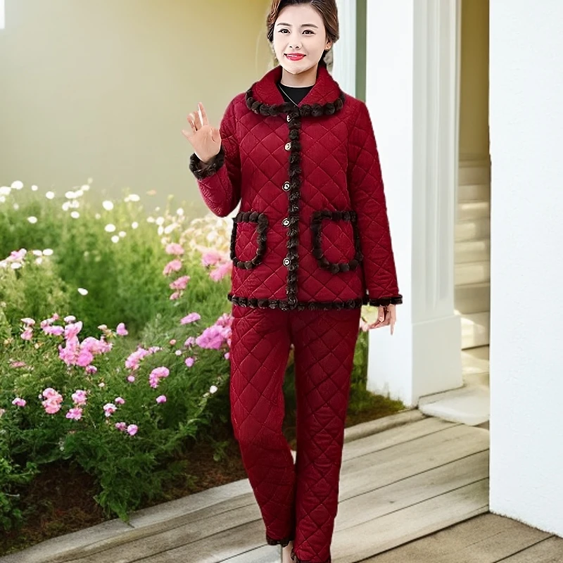 妈妈冬装加绒老人棉衣套装中老年女装居家保暖两件套气质