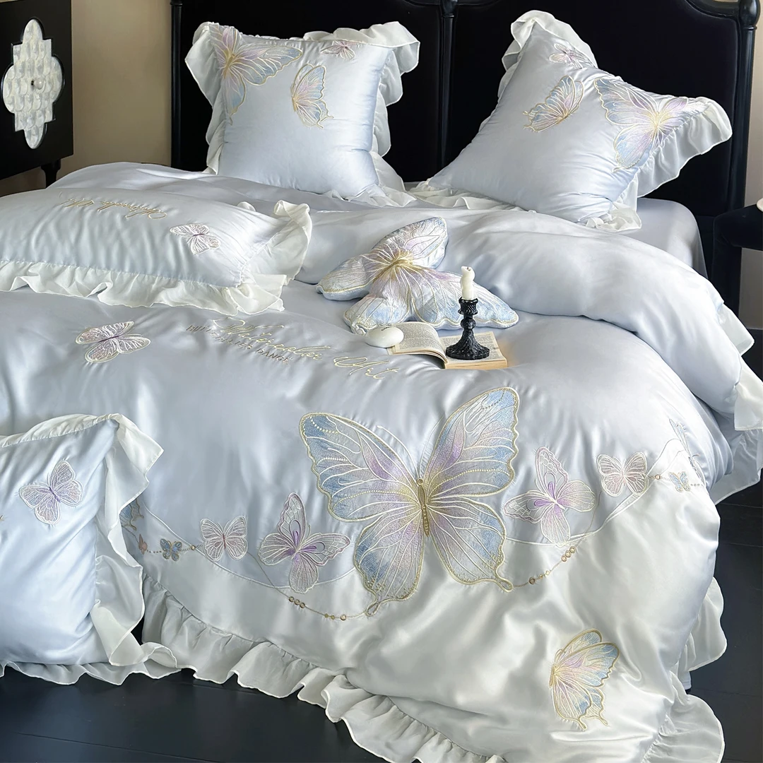 皇后娘娘高级感公主风莱赛尔绣花四件套丝滑裸睡机洗床单被套床品