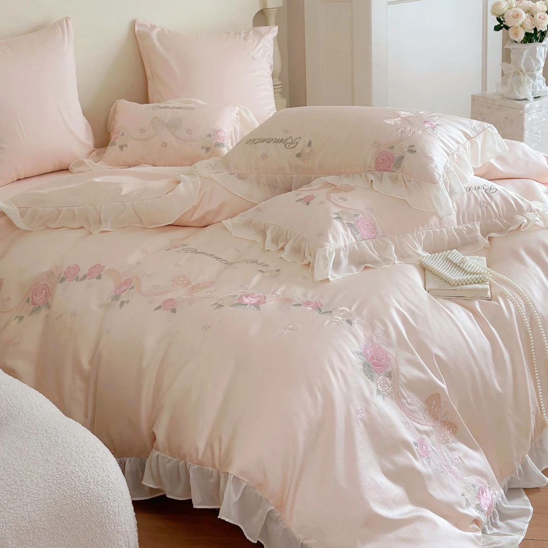 皇后娘娘公主风全棉法式长绒棉四件套高端刺绣绣花被套床上用品