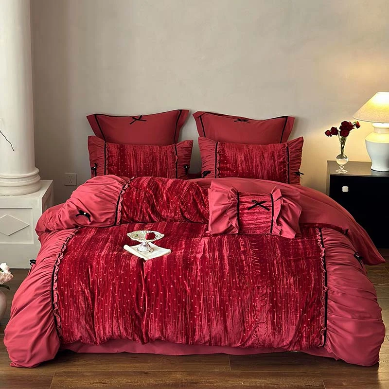 皇后娘娘法式褶皱花边全棉磨毛四件套公主风韩式秋冬加厚纯棉被套