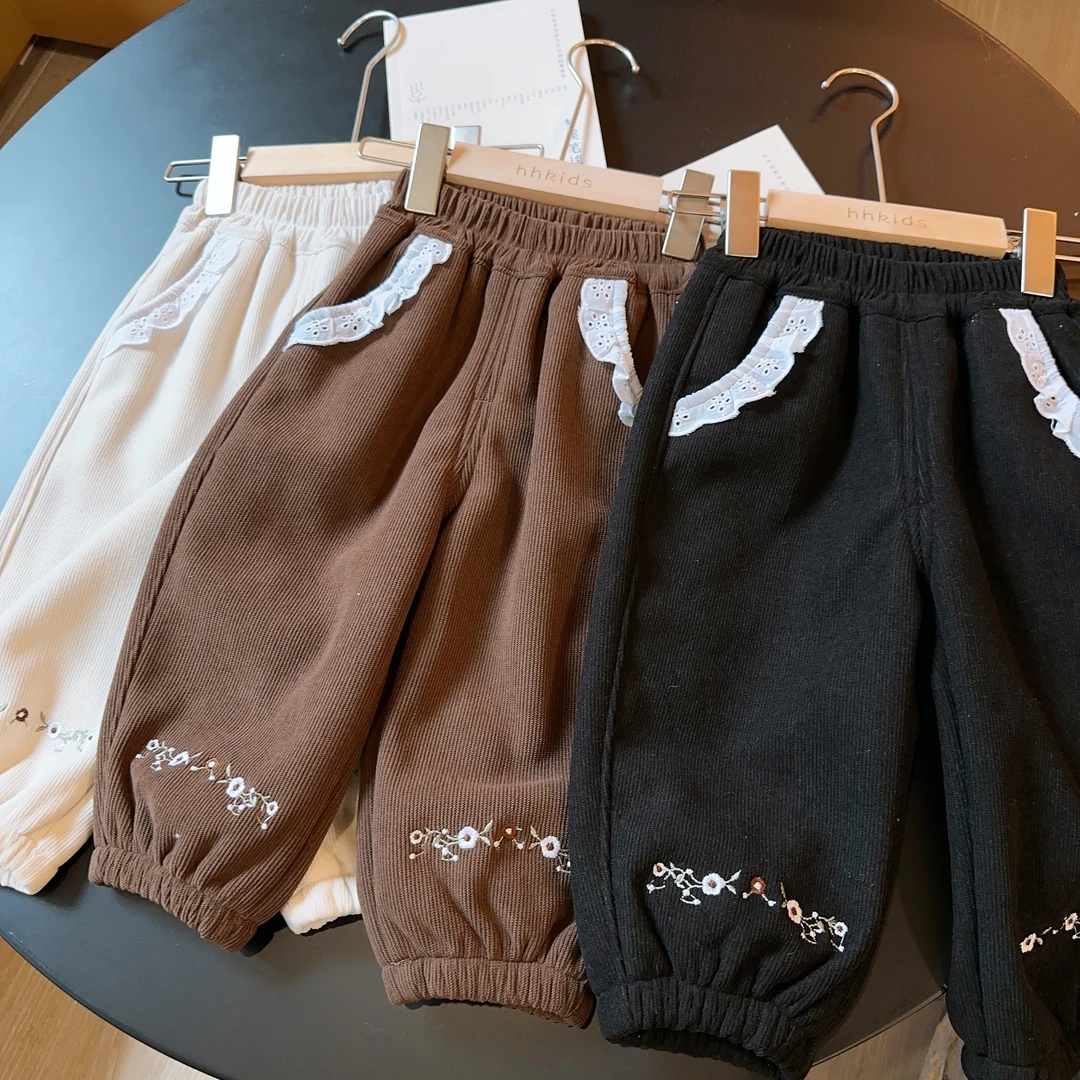 HHkids秋冬新款女童加绒灯笼裤一体绒休闲裤灯芯绒刺绣加绒运动裤