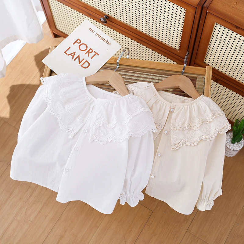 儿童纯棉衬衣女童秋季新款洋气衬衫女孩长袖白色打底衫花边领开衫