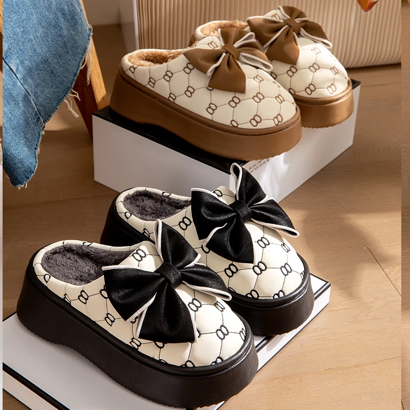 蝴蝶结棉拖鞋女士冬季室内家居2023新款厚底增高保暖防滑冬天拖鞋