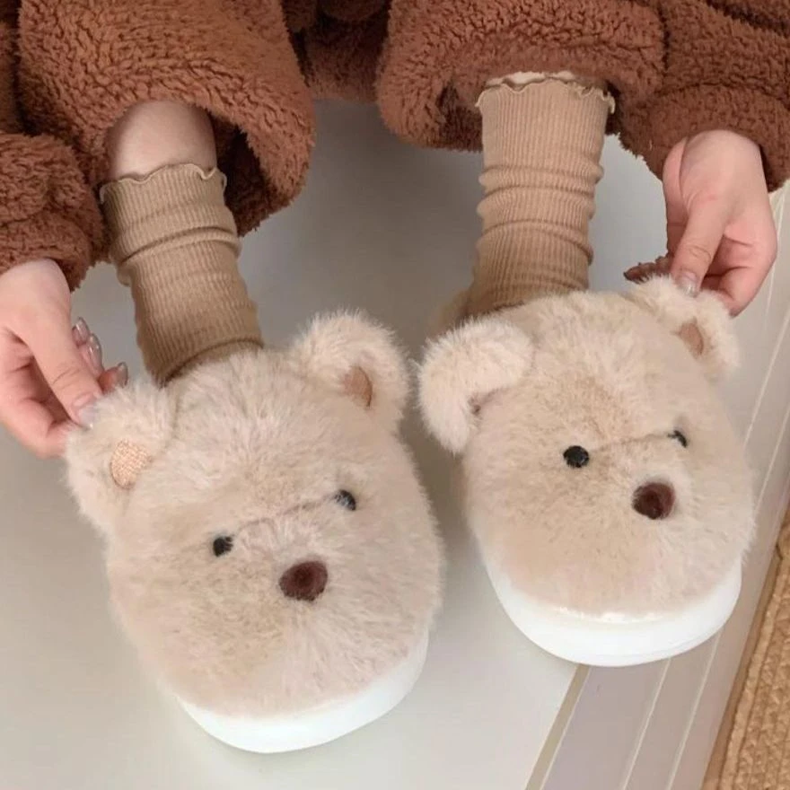 莉娜小熊棉拖女秋冬季室内居家踩屎感EVA加绒保暖毛毛拖鞋可外穿