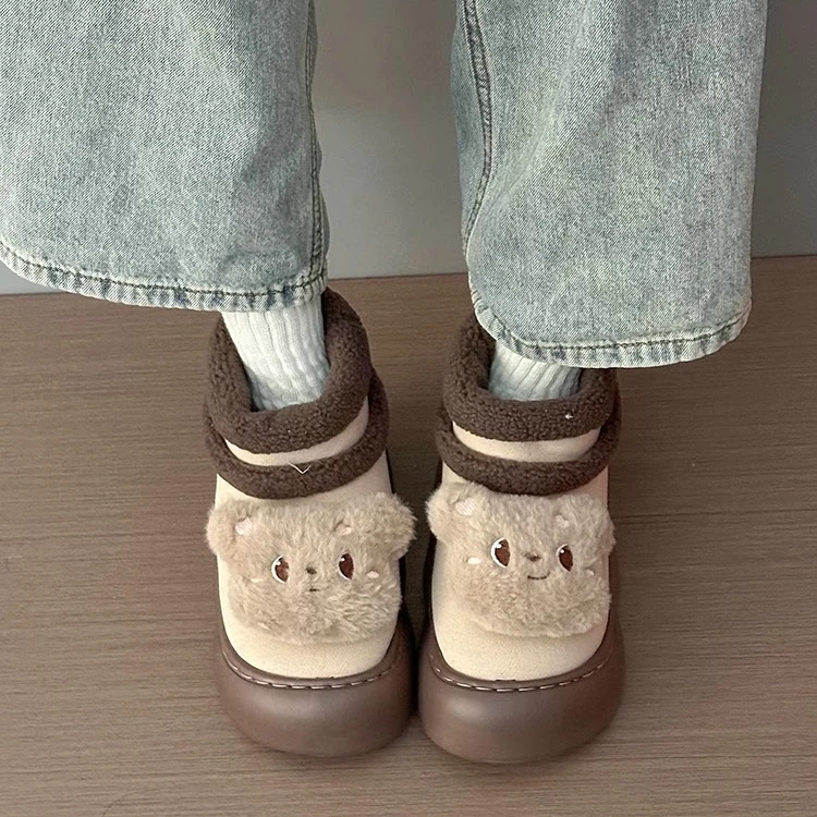 卡通小熊厚底雪地靴女2024秋冬新款软底加绒舒适可爱保暖舒适棉鞋