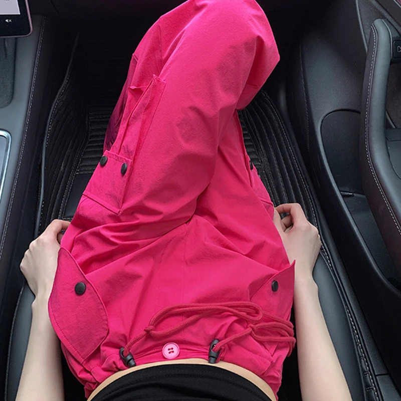玫红色工装裤运动速干美式高腰直筒裤显瘦裤子夏季阔腿裤休闲裤子
