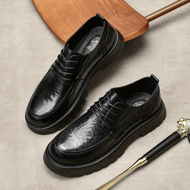 秋季新款男高端男鞋黑色休闲EVA厚底防滑透气英伦风大头德比1623