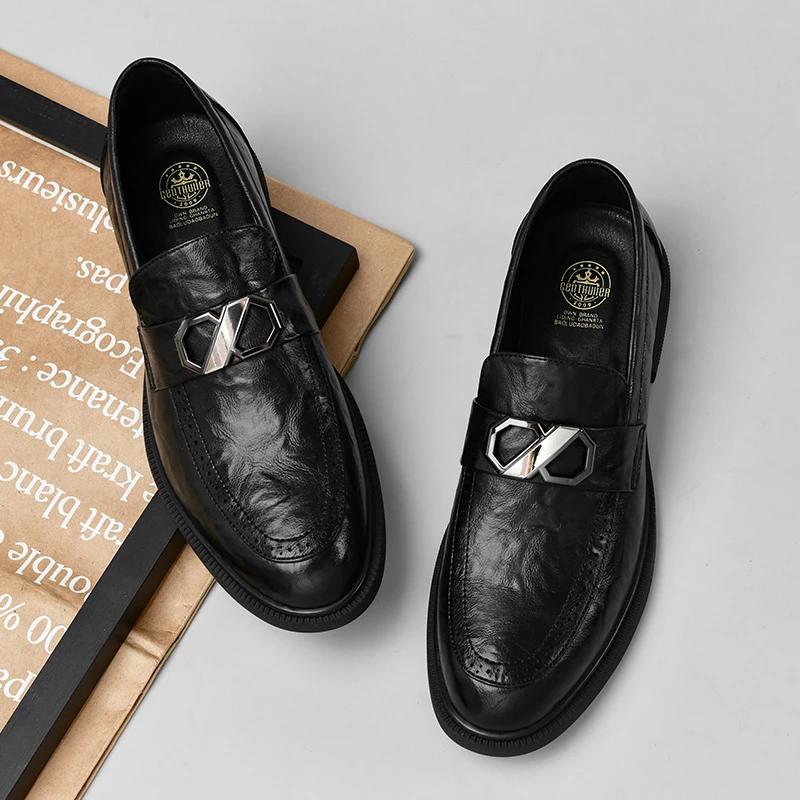 一脚蹬豆豆鞋秋季男皮鞋男士休闲百搭套脚新款黑色时尚乐福鞋7711