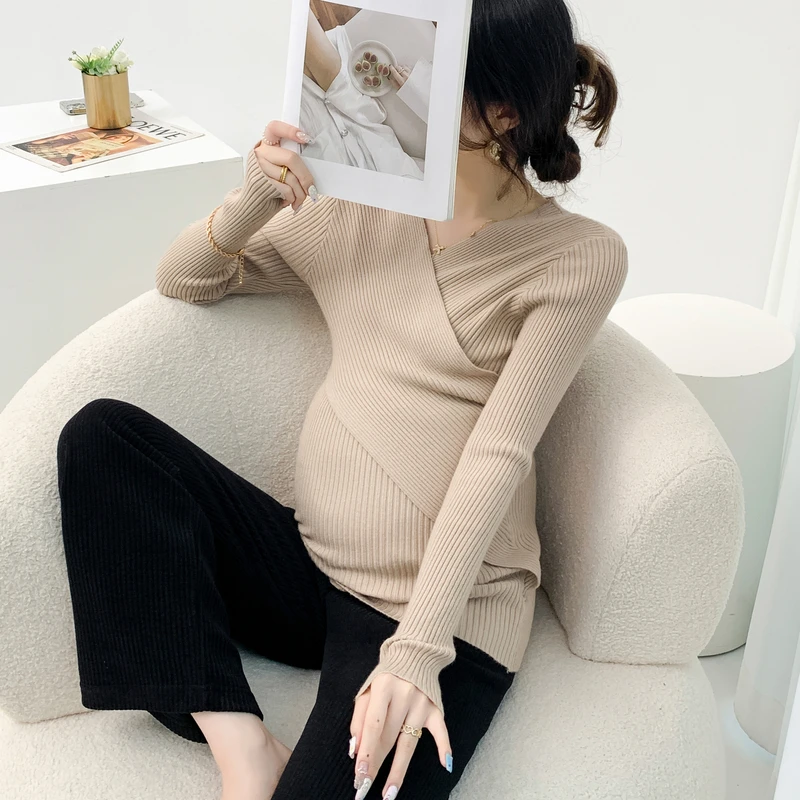 秋冬新款时尚百搭胸前交叉可哺乳修身打底孕妇毛衣大码女装孕妇装