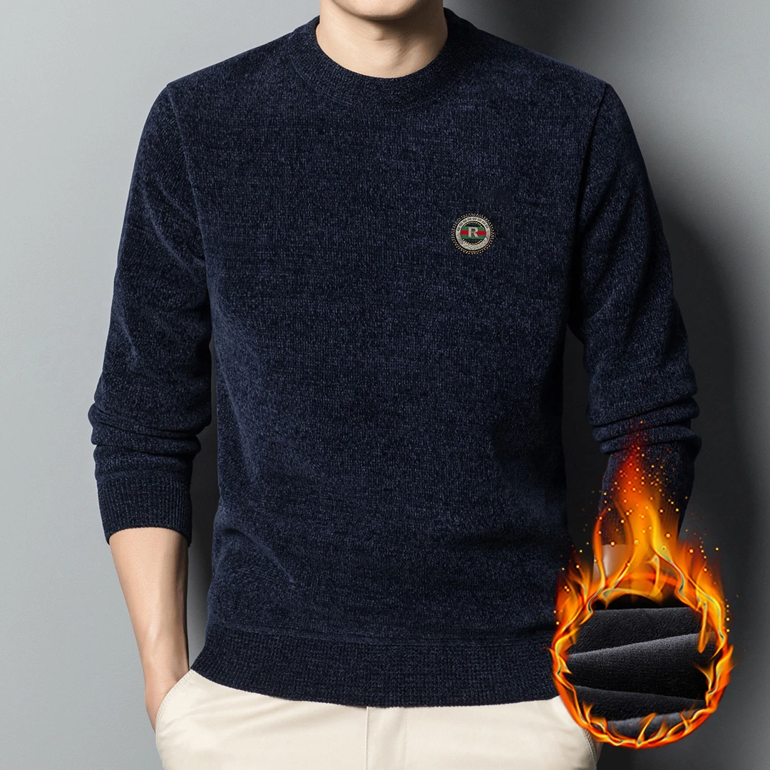 赛貂秋冬季男士针织衫商务休闲加绒加厚款雪尼尔毛衣男保暖打底衫