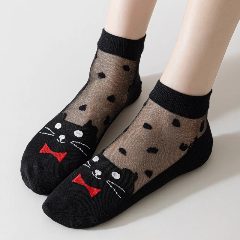 短小猫水晶丝女袜 透气棉底短袜黑色透明水晶女袜