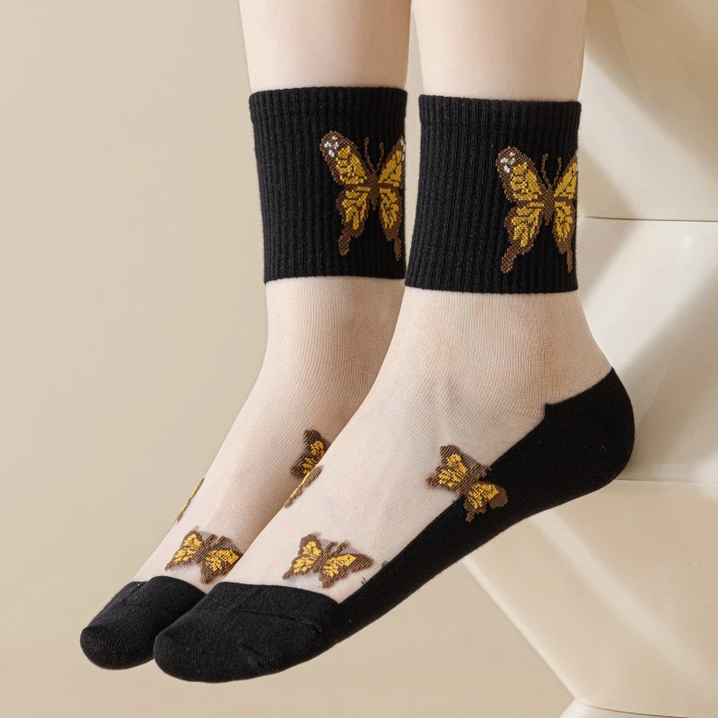 水晶丝蝴蝶袜子 新款气质袜子薄款中腰女袜水晶丝袜