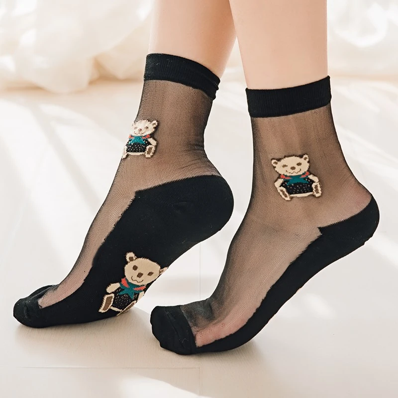 脚底熊中筒女袜 薄款水晶丝袜袜子黑丝棉底袜子