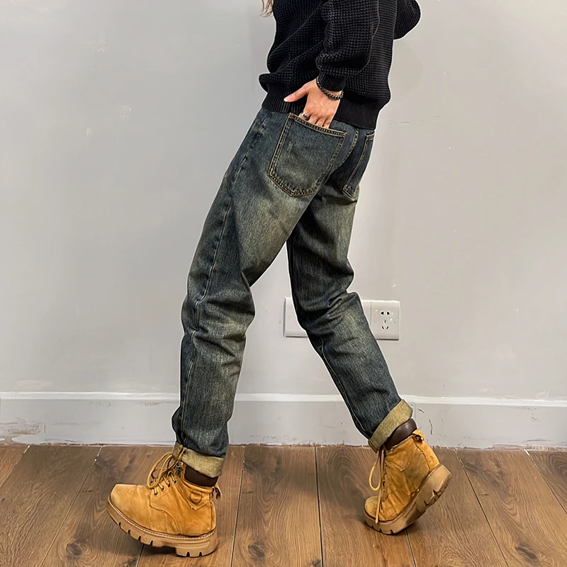 秋冬新款休闲水洗做旧宽松直筒微锥牛仔裤美式复古百搭牛仔裤