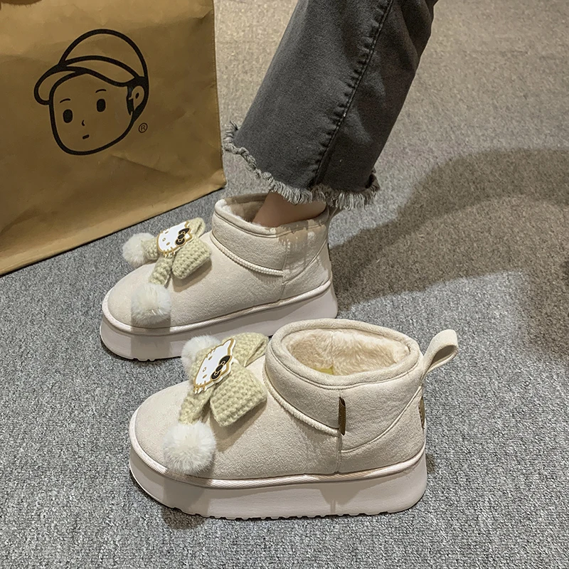 凯蒂猫可爱卡通厚底加绒时尚雪地靴女2023新款冬百搭加绒东北棉靴