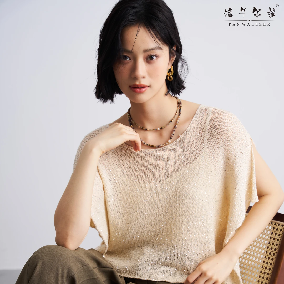 潘华尔姿夏季手工定制高端荷叶边背心亮片高比例蚕丝亚麻