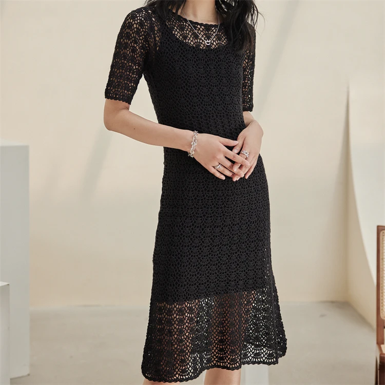 高端定制手工编织夏季钩针镂空薄款短袖连衣裙复古风新款针织