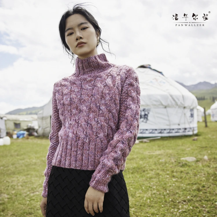 毛衣小哥高端定制手工编织段染彩色短款高领麻花毛衣显瘦时尚百搭