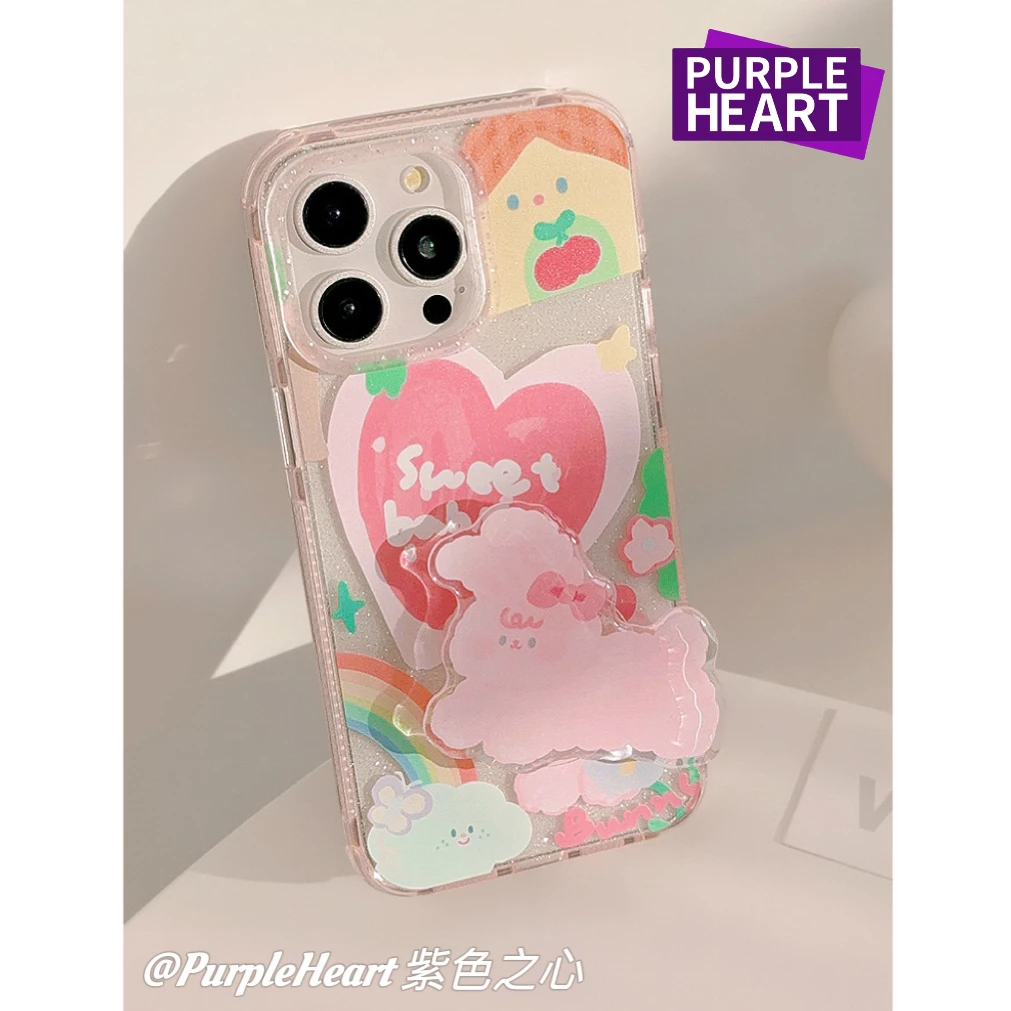高级透明涂鸦爱心粉兔带支架13苹果适用15promax软硅胶14手机壳12