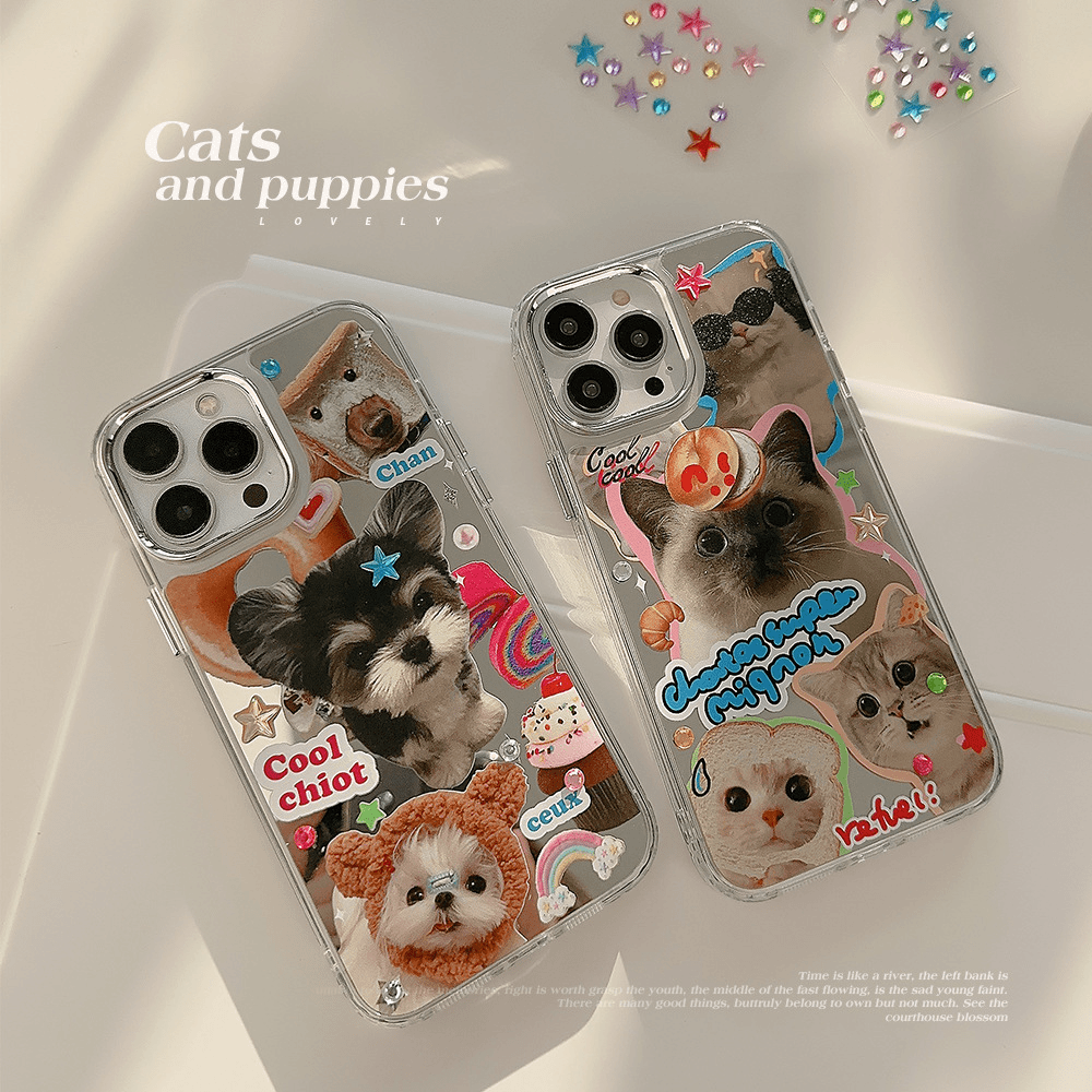 钻贴猫狗iPhone15苹果手机壳14promax电镀镜面13可爱12适用11创意