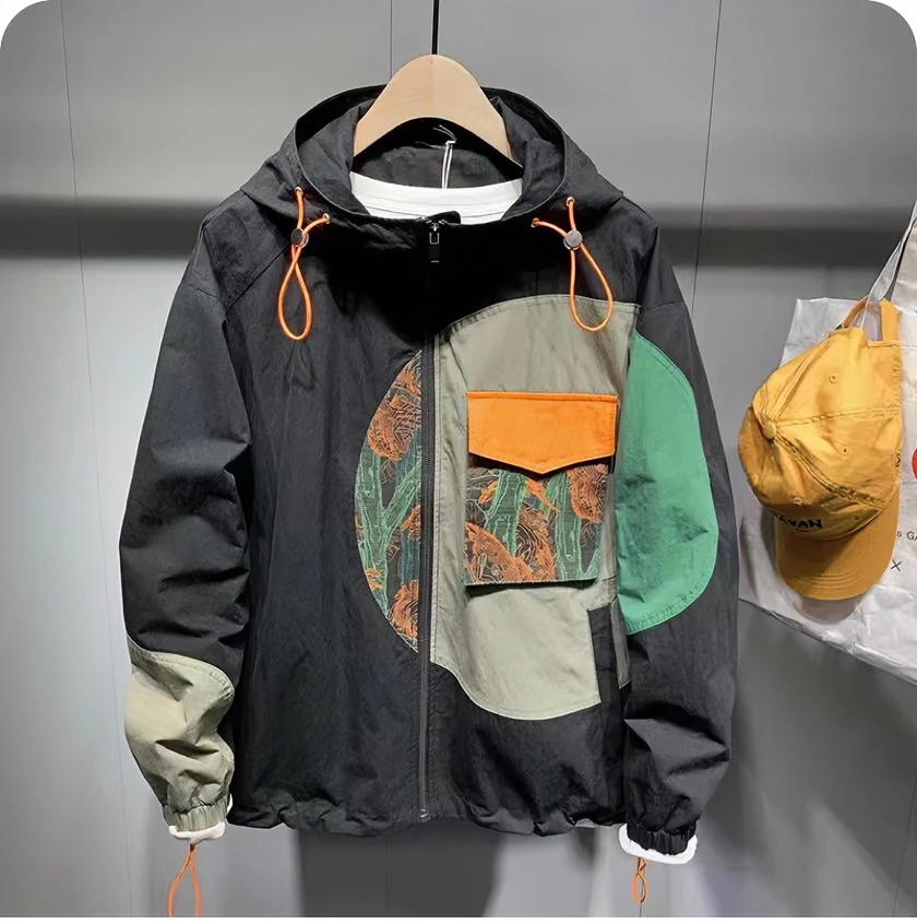 休闲男外套时尚拼接夹克衫男士设计感撞色拼色春秋冬个性连帽上衣
