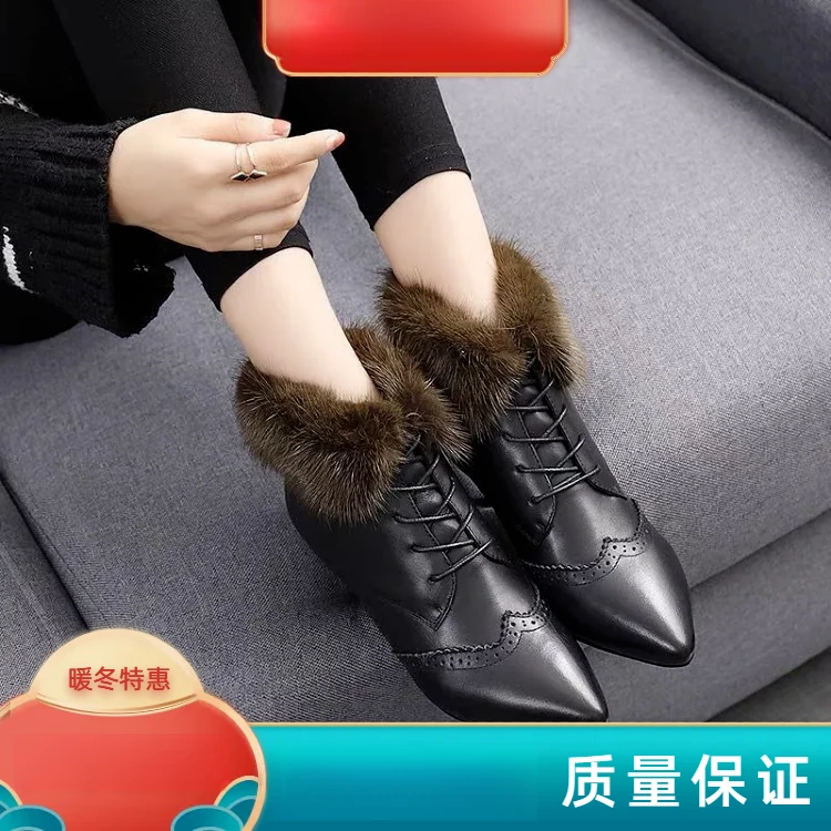 2024新款时尚高跟鞋冬季加绒洋气马丁靴名媛气质爆款毛毛皮鞋女潮