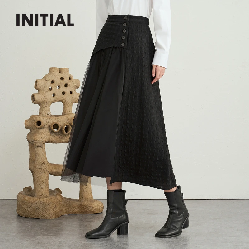 【设计师潮牌】INITIAL时尚冬季网纱拼接半身裙女不规则XX226