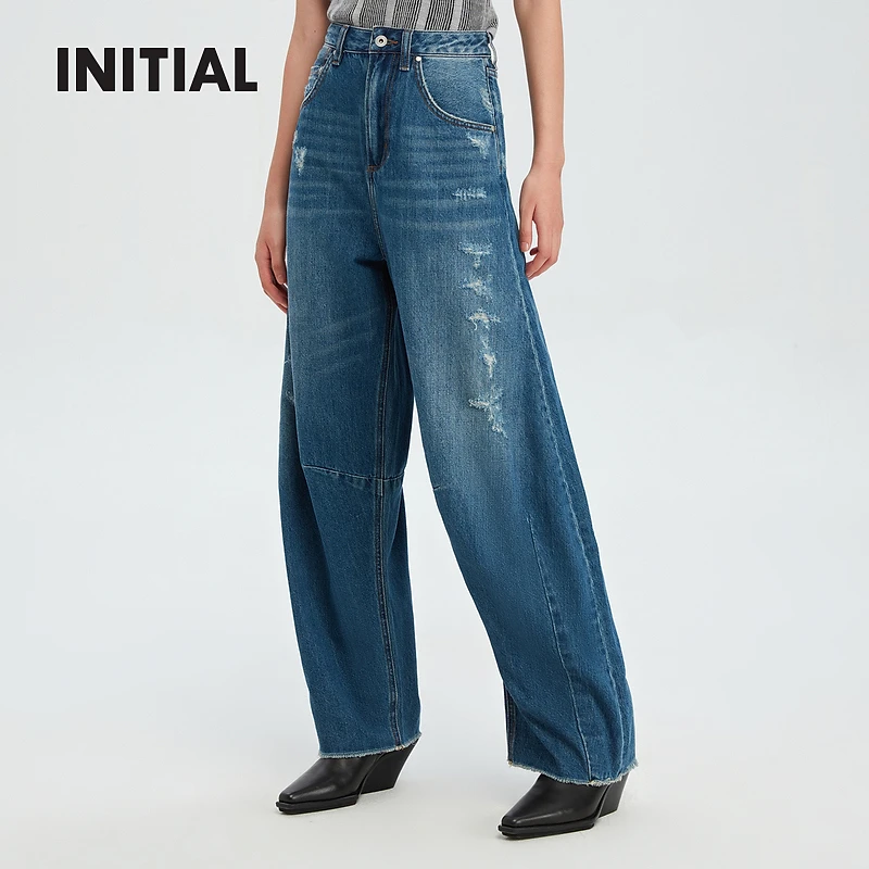 【商场同款】INITIAL冬季新款破洞茧形牛仔裤女23WPRFMCDM121