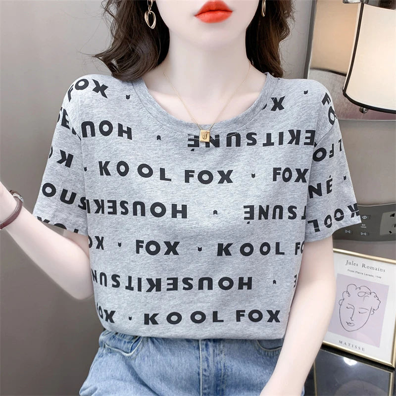 夏季女装棉质短袖t恤女2025新款宽松字母印花设计感小众体恤上衣