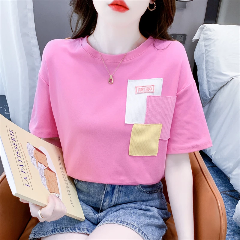 女生粉色短袖T恤女时尚贴布刺绣设计感夏季新款宽松显瘦百搭半袖