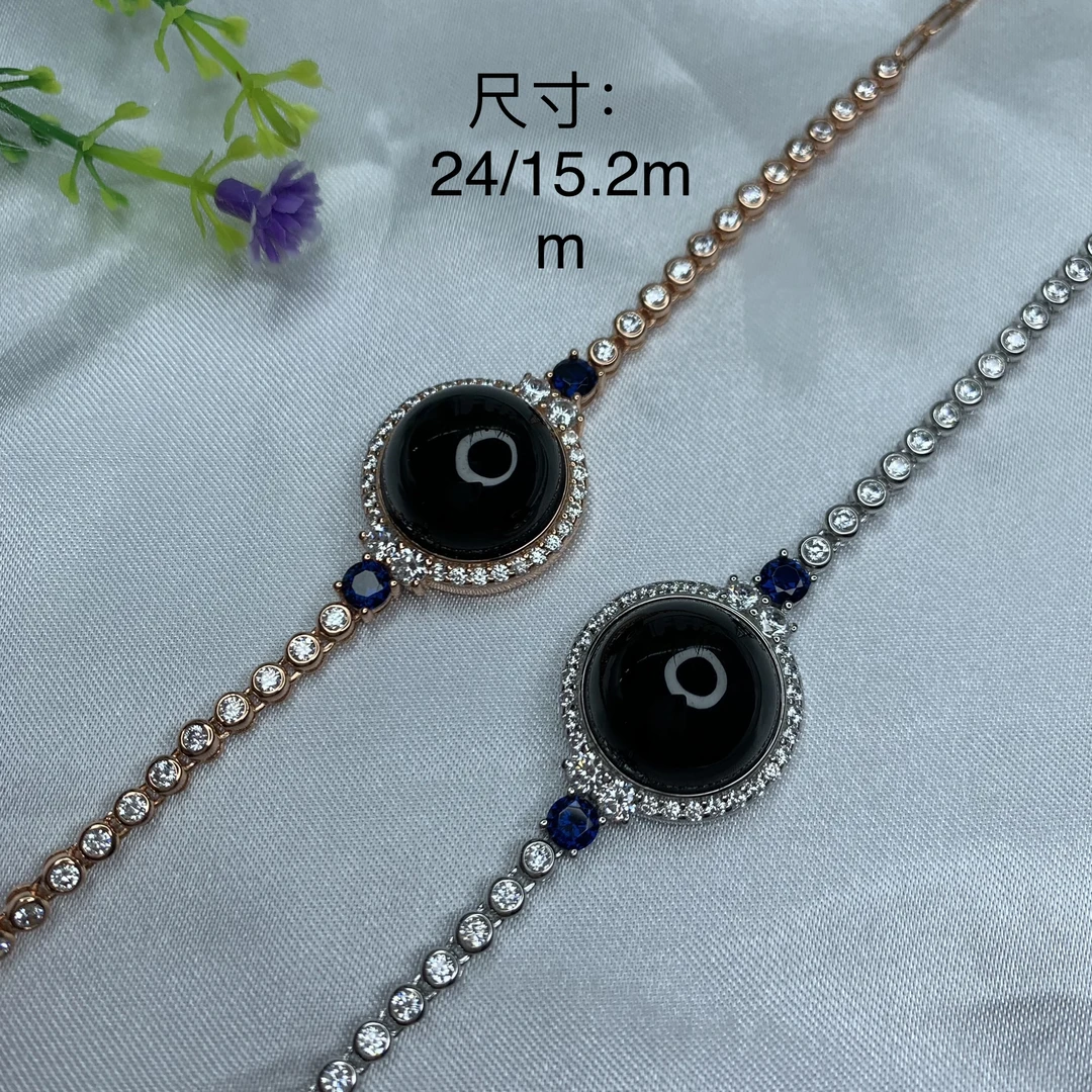 天然翡翠Ａ货 墨翠S925银镶嵌蛋面手链 白玫两色拍下备注颜色气质