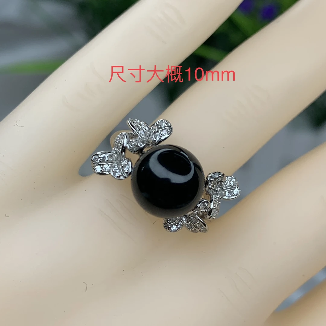 天然翡翠A货 墨翠S925银镶嵌珠子女戒