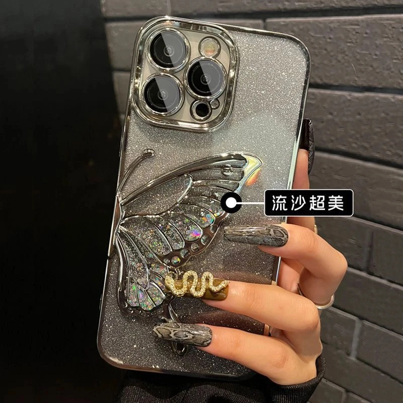 苹果16手机壳闪粉流沙蝴蝶iPhone15ProMax全包14硅胶13高级感12潮