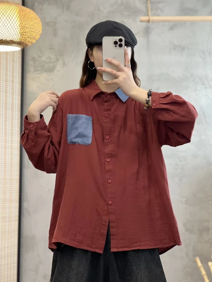 2023秋季拼色长袖衬衫休闲简约百搭婴儿棉双层纱上衣女7525