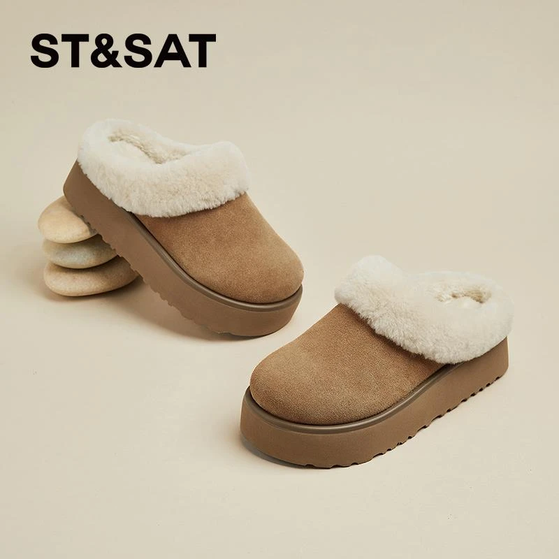 星期六真皮厚底毛拖鞋女外穿秋冬棉拖2024新款毛毛鞋拖羊毛包头拖