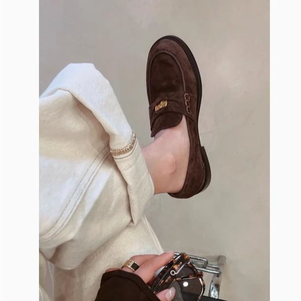 羊皮版~真皮麂皮圆头小金币低跟复古乐福鞋一脚蹬懒人小皮鞋子女