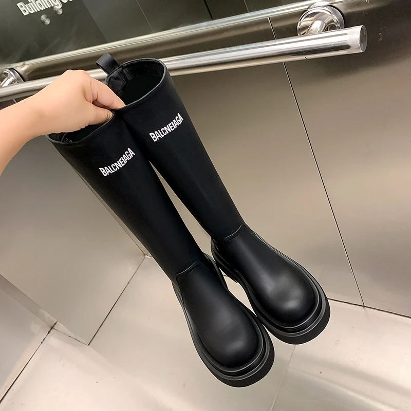巴黎同款~不过膝中高筒长靴女黑色厚底增高骑士靴子新款长筒靴