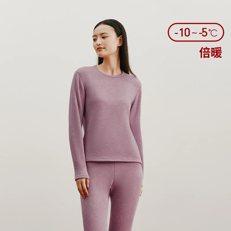 【三枪绵羊毛套装 上衣+裤子】加厚彩绒圆领保暖内衣套装女 24260D1