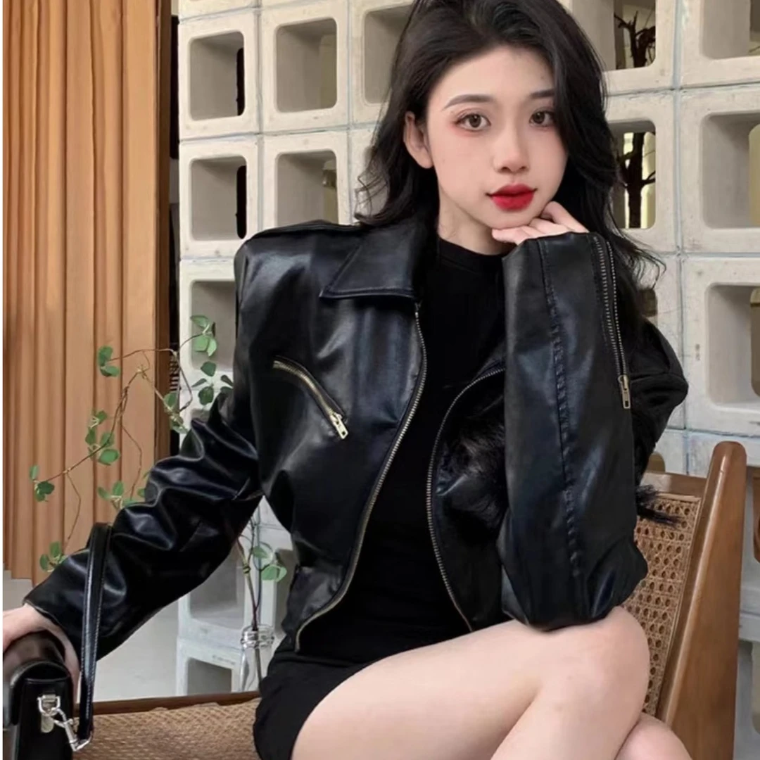 春秋新款美式复古黑色短款机车皮衣外套女小个子修身显瘦长袖夹克