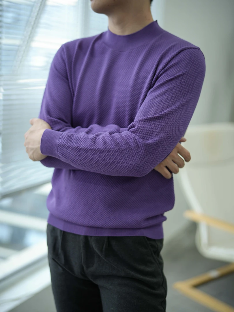 深欧男士高档春秋季菠萝针长袖内搭修身打底衫针织镂空百搭半高领