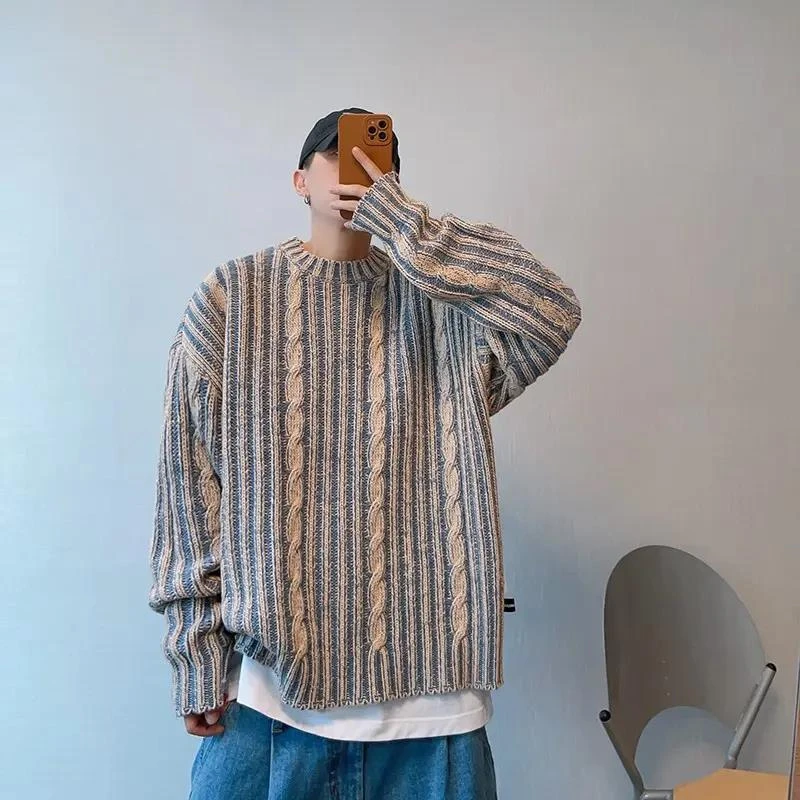 潮扬秋冬复古混色针织毛衣男圆领潮流百搭款外穿冬季拼色竖条宽松