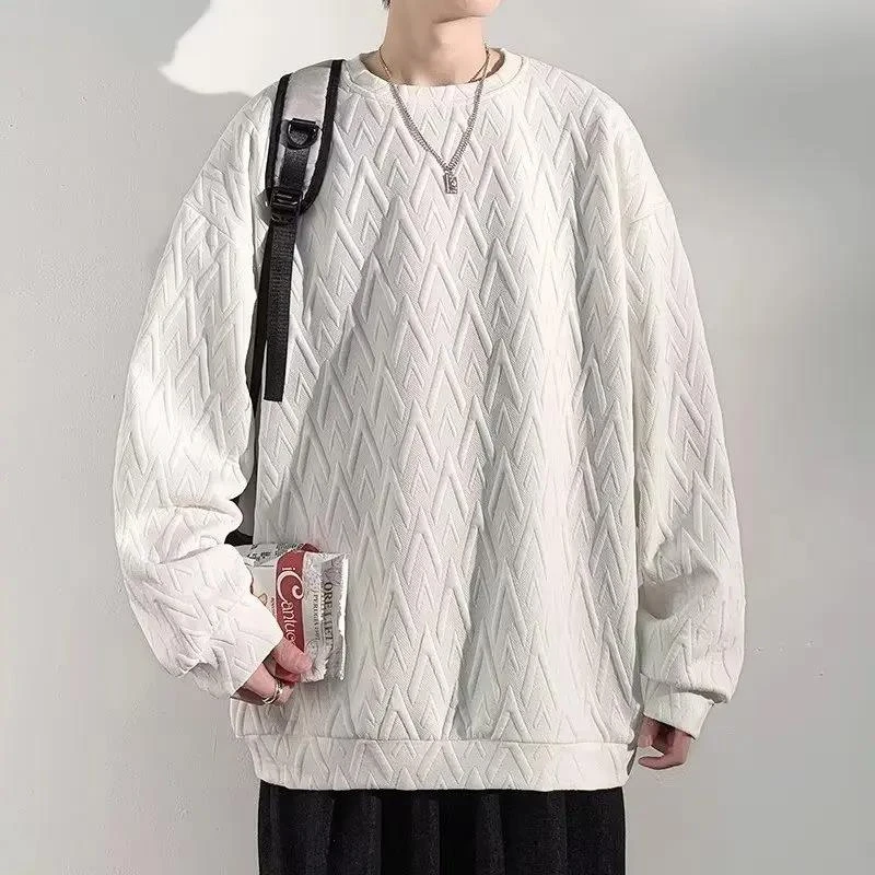 华夫格卫衣男款高级感潮牌无帽圆领上衣oversize青少年外套