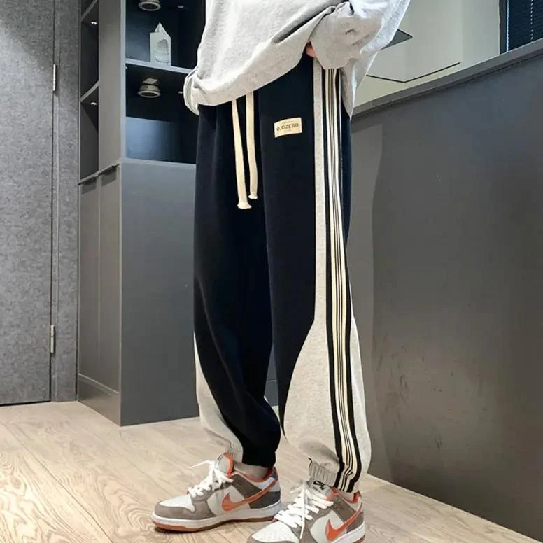 百搭撞色拼接条纹裤子男春季港风百搭宽松潮流休闲束脚运动卫裤男