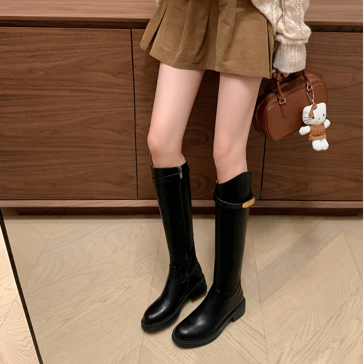 XFX【跟4CM】2024年秋冬新款全牛皮粗跟骑士女靴皮带女士马丁靴真皮