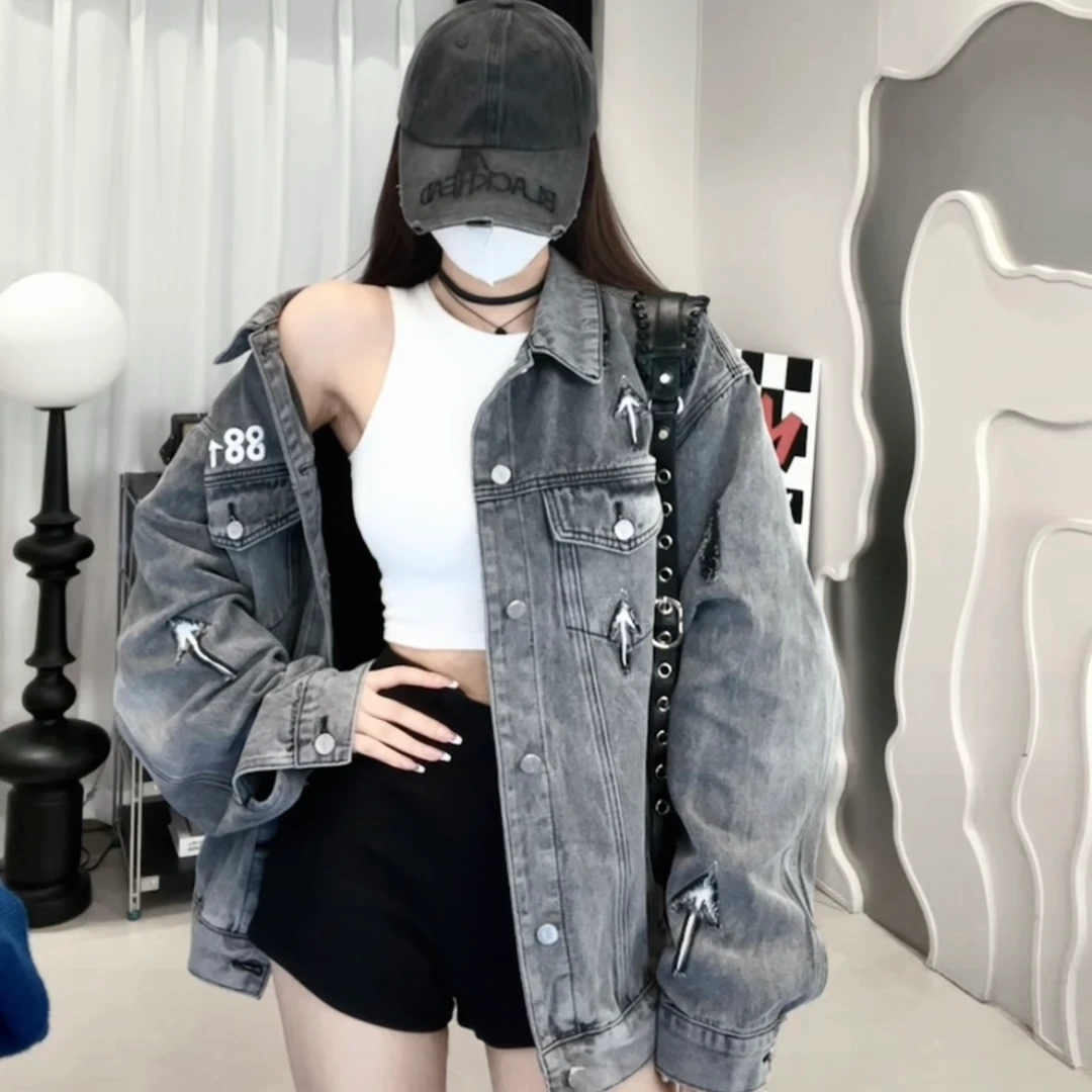 88RISING 箭头贴布牛仔夹克外套春秋款水洗做旧短款上衣男女