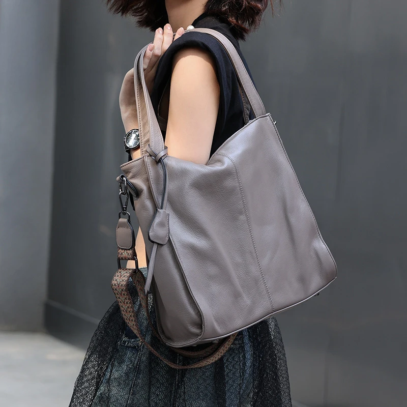 潮流大容量牛皮托特包休闲百搭女士单肩包简约纯色时尚手提斜跨包