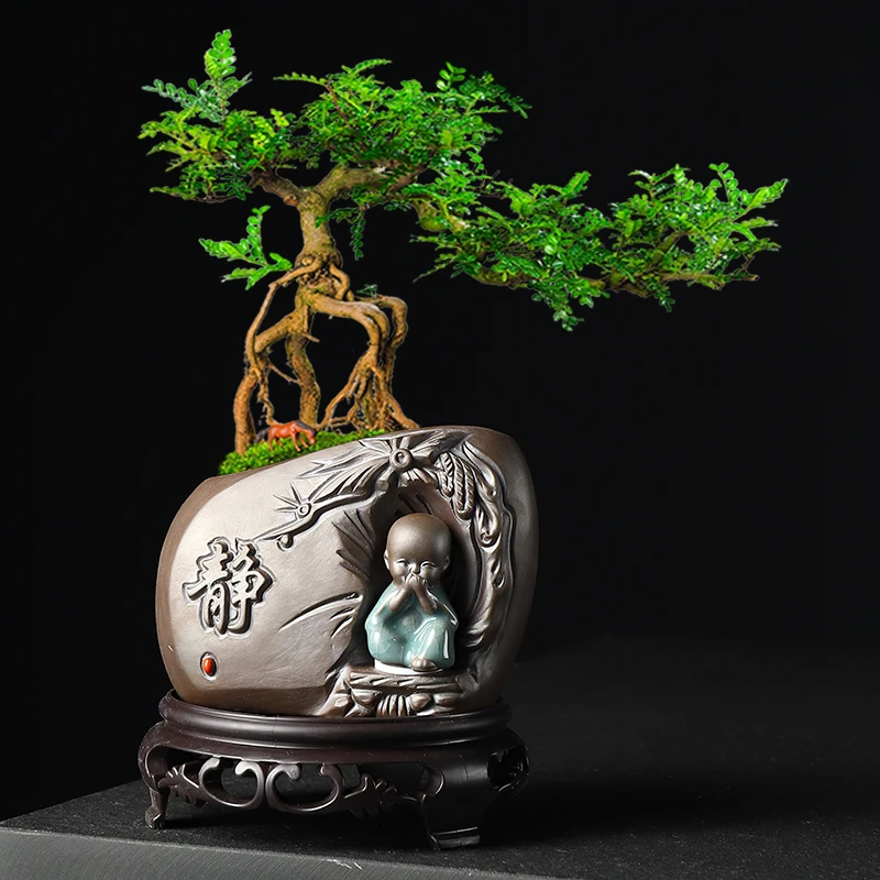 陶瓷浮雕花盆六月雪兰花飘枝花盆室内客厅哥窑紫砂胎禅意盆景盆