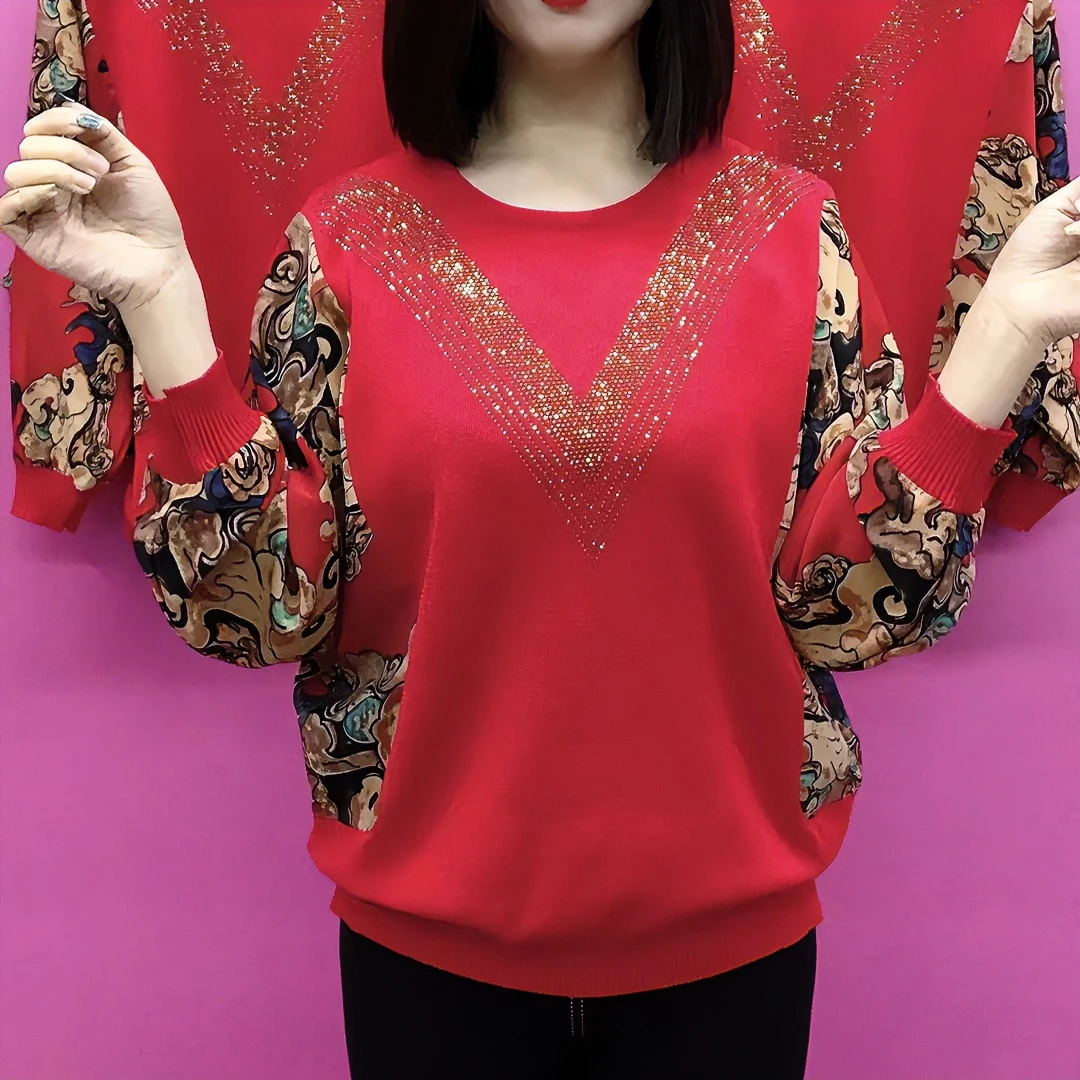 2025春季新款大V钻拼接焦麻长袖上衣时尚宽松百搭