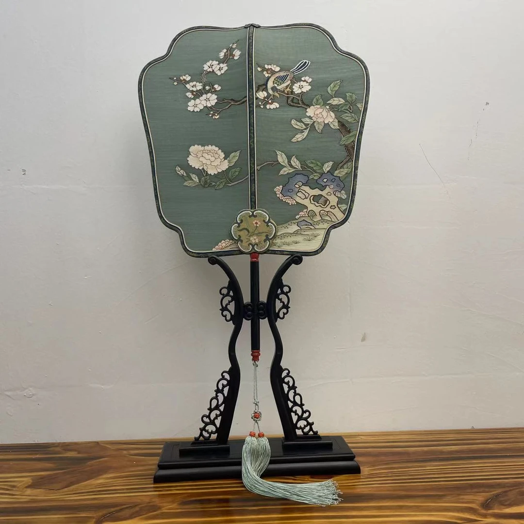 新款缂丝仿故宫弯头翘头招风扇紫光檀木柄非遗纯手工宋锦包边团扇