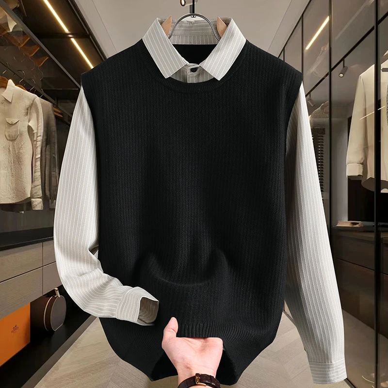 秋冬新款衬衫假两件针织衫毛衣休闲潮流长袖百搭韩版修身高档男士